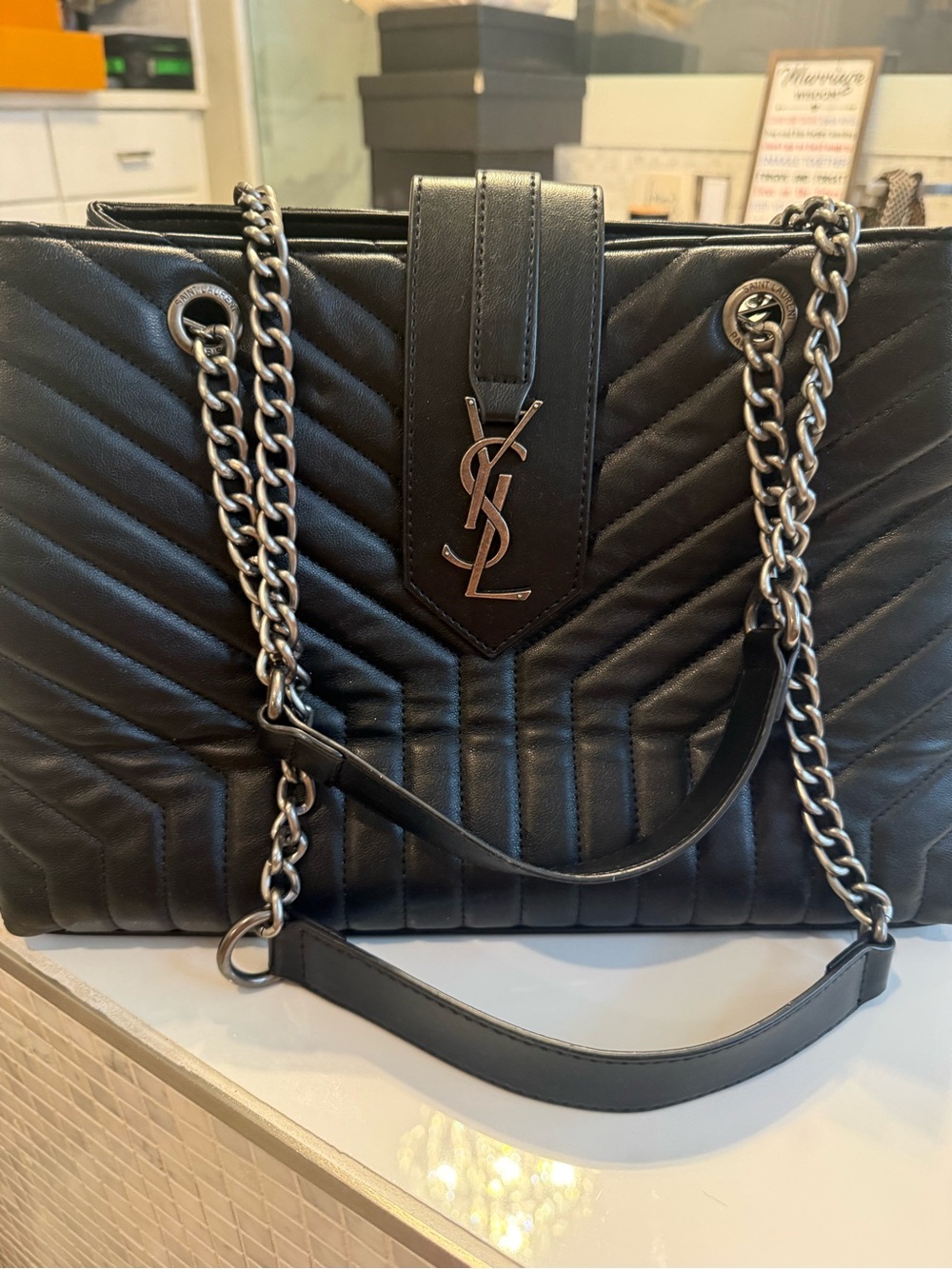 1.1 Saint Laurent Black Quilted Leather Tote with Silver Chain Straps